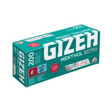 Packung  Filterhülsen Gizeh Menthol Extra. Grüne Packung mit weißer Gizeh Menthol Aufschrift und Filter Abbildung.