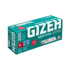 Packung Filterhülsen Gizeh Menthol Extra. Grüne Packung mit weißer Gizeh Menthol Aufschrift und Filter Abbildung.