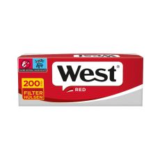 Packung Zigarettenhülsen West Red 200 Special Size 200 Stück. Rot-graue Packung mit weiß-schwarzem West Logo.