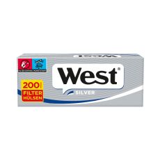 Packung Zigarettenhülsen West Silver 200 Special Size 200 Stück. Silber-graue Packung mit weiß-schwarzem West Logo.