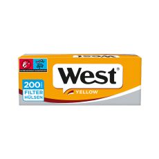 Packung Zigarettenhülsen West Yellow 200. Gelb-graue Packung mit weiß-schwarzem West Logo.