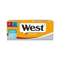 Packung Zigarettenhülsen West Yellow 250 Special Size. Gelb-graue Packung mit weiß-schwarzem West Logo.