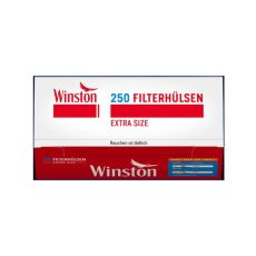 Packung Zigarettenhülsen Winston 250 Extra Size. Weiß-rote Packung mit rotem Winston Logo und Extra Size Aufschrift.