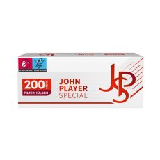 Packung Hülsen JPS Special Rot 200. Weiße Packung mit roter JPS Aufschrift und rotem 200 Stück Buttom.
