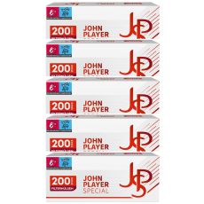 Gebinde Hülsen John Player Special Rot 200. Fünf weiße Packungen mit rotem JPS Logo und 200 Stück Buttom.