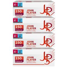 Gebinde Hülsen John Player Special Size 250. Vier weiß-rote Packungen mit JPS Logo.