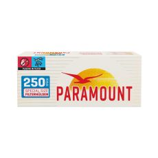 Packung Zigarettenhülsen Paramount Special Size 250. Weiße Packung mit rotem Paramount Logo mit Vogel und Sonne.