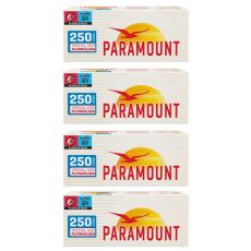 Gebinde Zigarettenhülsen Paramount 250 Special Size. Vier weiße Packungen mit rotem Paramount Logo.
