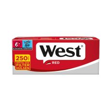 Packung Zigarettenhülsen West Red 250 Special Size. Rot-graue Packung mit weiß-schwarzem West Logo.