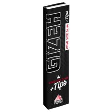 Packung Zigarettenpapier Gizeh Black King Size Slim + Tips. Schwarzes Heft mit roter King Size Slim und weißer +Tips Aufschrift.
