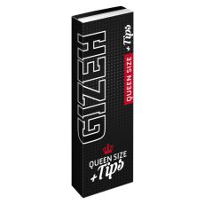 Packung Zigarettenpapier Gizeh Black Queen Size + Tips. Schwarzes Heft mit roter Queen Size und weißer +Tips Aufschrift.