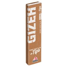 Packung Zigarettenpapier Gizeh Pure King Size Slim + Tips. Braunes Heft mit weißer Gizeh Aufschrift und Gizeh Logo.