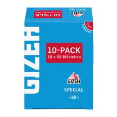 Packung Zigarettenpapier Gizeh Special. Blaue Packung mit weißer Gizeh und rotem Botton 10- Pack.
