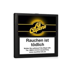 Schachtel Zigarillos Al Capone ohne Filter mit 10 Stück, Schwarze Packung mit gelben Al Capone Logo.