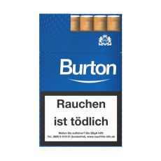 Schachtel Zigarillos Burton Blau L. Kleine blaue Packung mit weißer Burton Aufschrift und Logo.