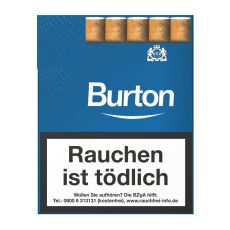 Schachtel Zigarillos Burton Blau XL. Große blaue Packung mit weißer Burton Aufschrift und Logo.