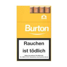 Schachtel Zigarillos Burton Gold L. Kleine gelbe Packung mit weißer Burton Aufschrift und Logo.