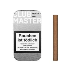 Dose Zigarillos Clubmaster Mini White Filter No 176. Kleine silberne Dose mit weißer Club Master Aufschrift und Zigarillo.