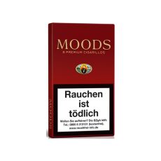 Schachtel Zigarillos Moods ohne Filter 5 Stück. Weinrote Packung mit goldenem Moods Logo und Warnhinweis.