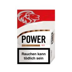 Schachtel Filterzigarillos Power Rot. Rot-weiße Packung mit Zigarillo und schwarzer Power Aufschrift.