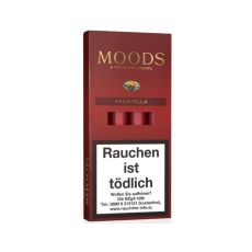 Schachtel  Zigarren Moods Panatella Tubos 4 Stück. Schlanke weinrote Packung mit Moods Logo.