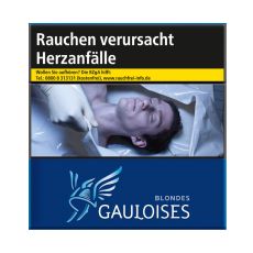 Schachtel Zigaretten Gauloises Blondes blau. Blaue Packung mit hellblau-weißem Gauloises Logo.