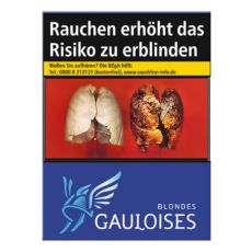 Schachtel Zigaretten Gauloises Blondes blau. Blaue Schachtel mit hellblau-weißem Gauloises Logo.