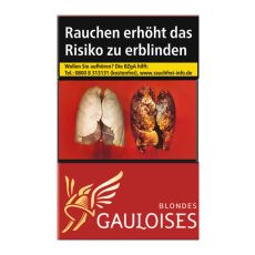 Schachtel Zigaretten Gauloises Blondes rot. Rote Schachtel mit gelb-weißem Gauloises Logo.