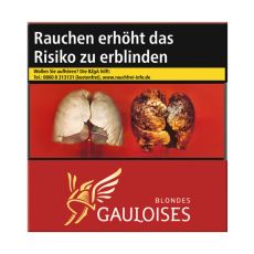 Schachtel Zigaretten Gauloises Blondes rot 43 Stück. Rote Schachtel mit gelb-weißem Gauloises Logo.