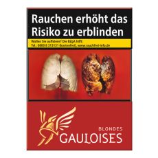 Schachtel Zigaretten Gauloises Blondes rot. Rote Schachtel mit gelb-weißem Gauloises Logo.